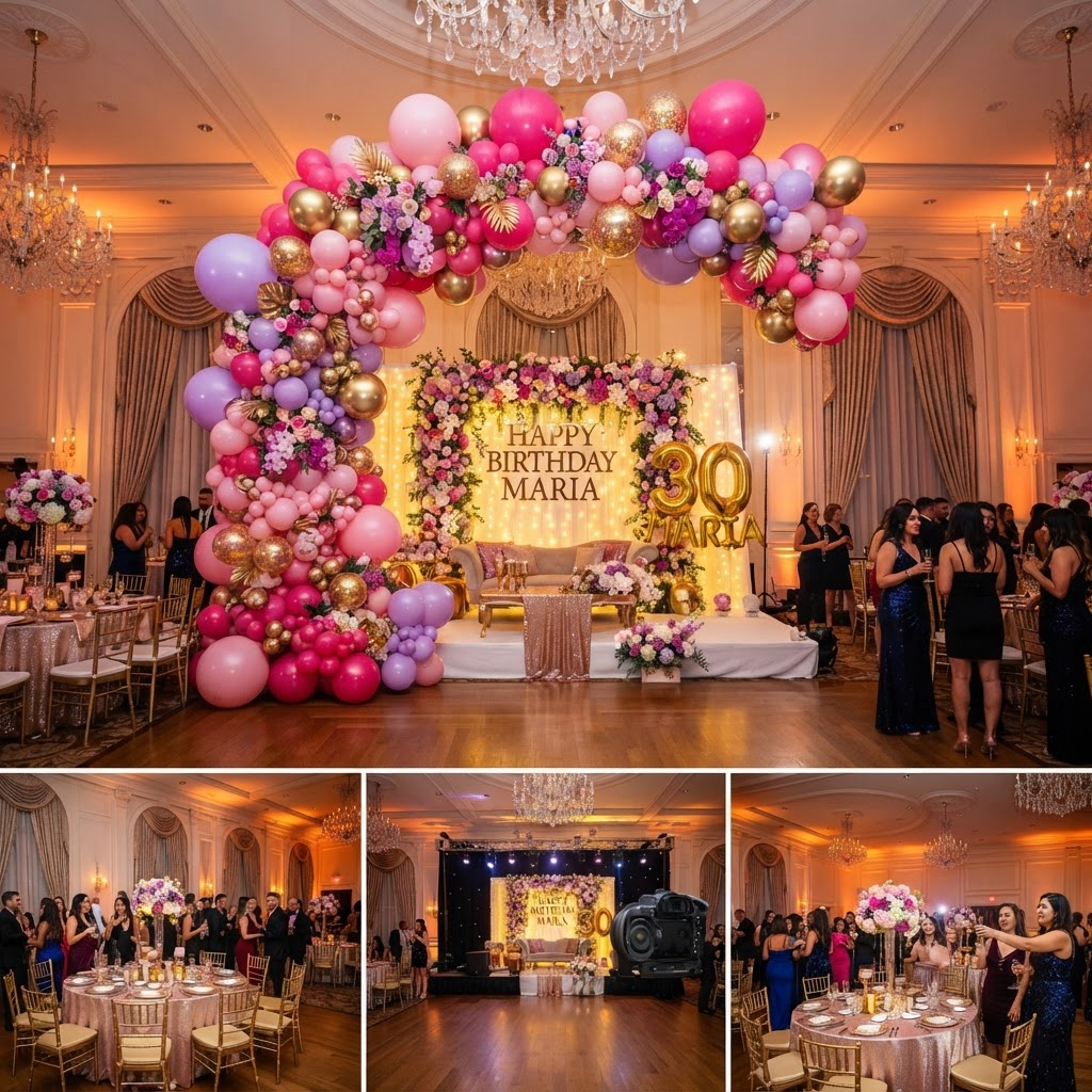 Luxury party decoration setup with balloon arch and floral backdrop
